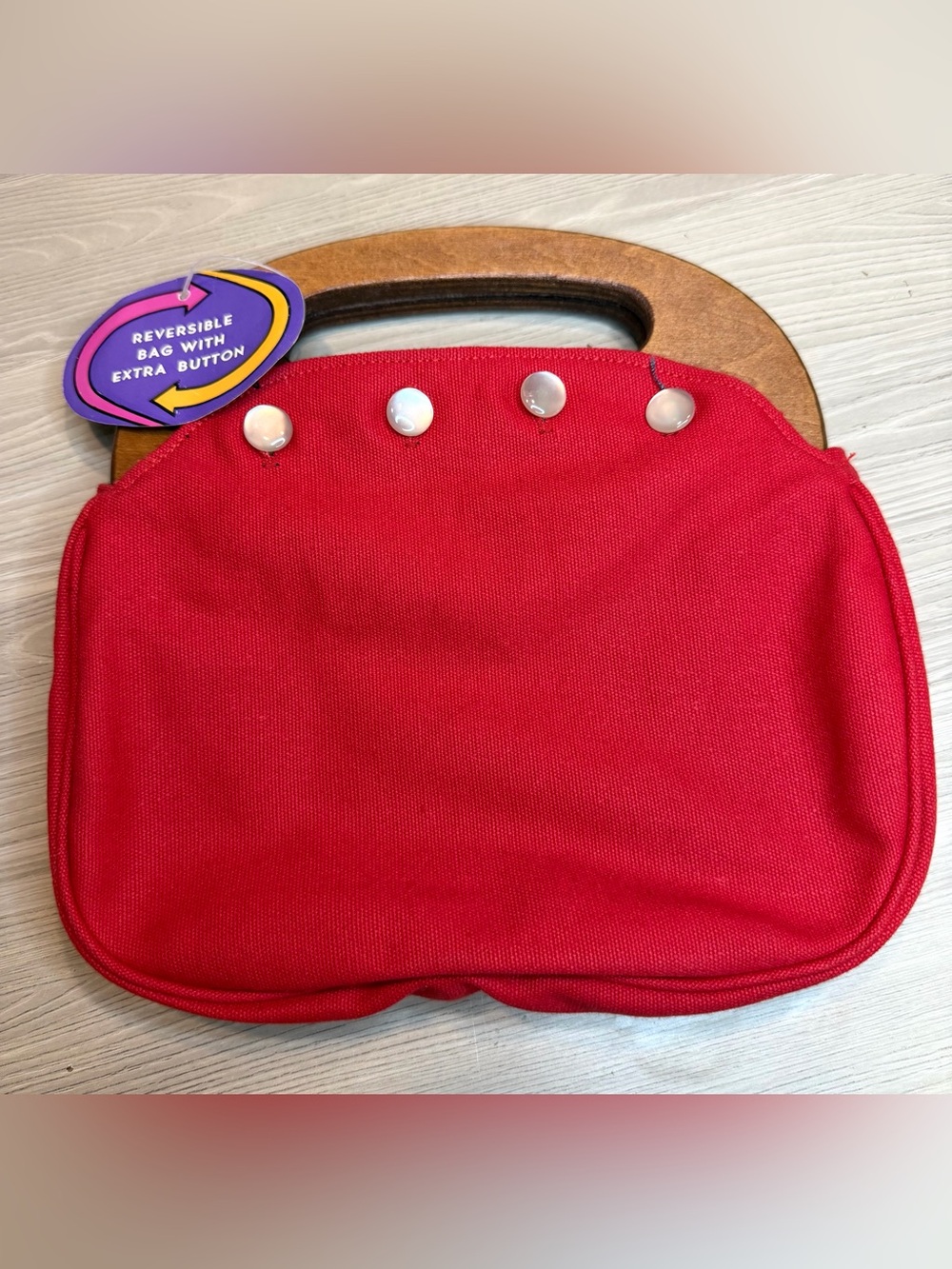 Vintage 80s Bermuda Bag Wooden Handle Purse Reversible Red Canvas Button Cover